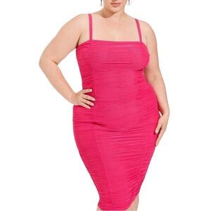 NWT  Torrid Midi Mesh Bodycon Dress hot pink ruched barbie fairy goth sz 10